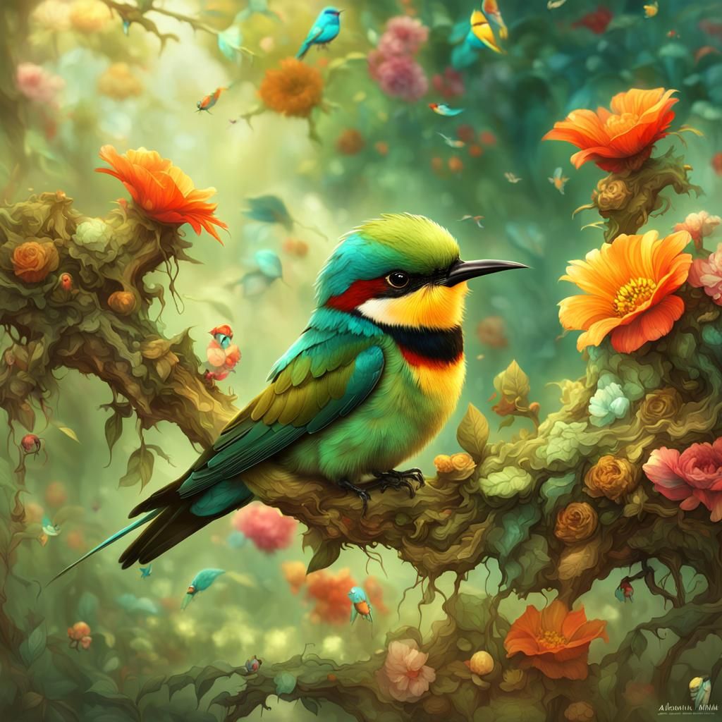 Chibi Bee-Eater in Whimsical Garden Scene