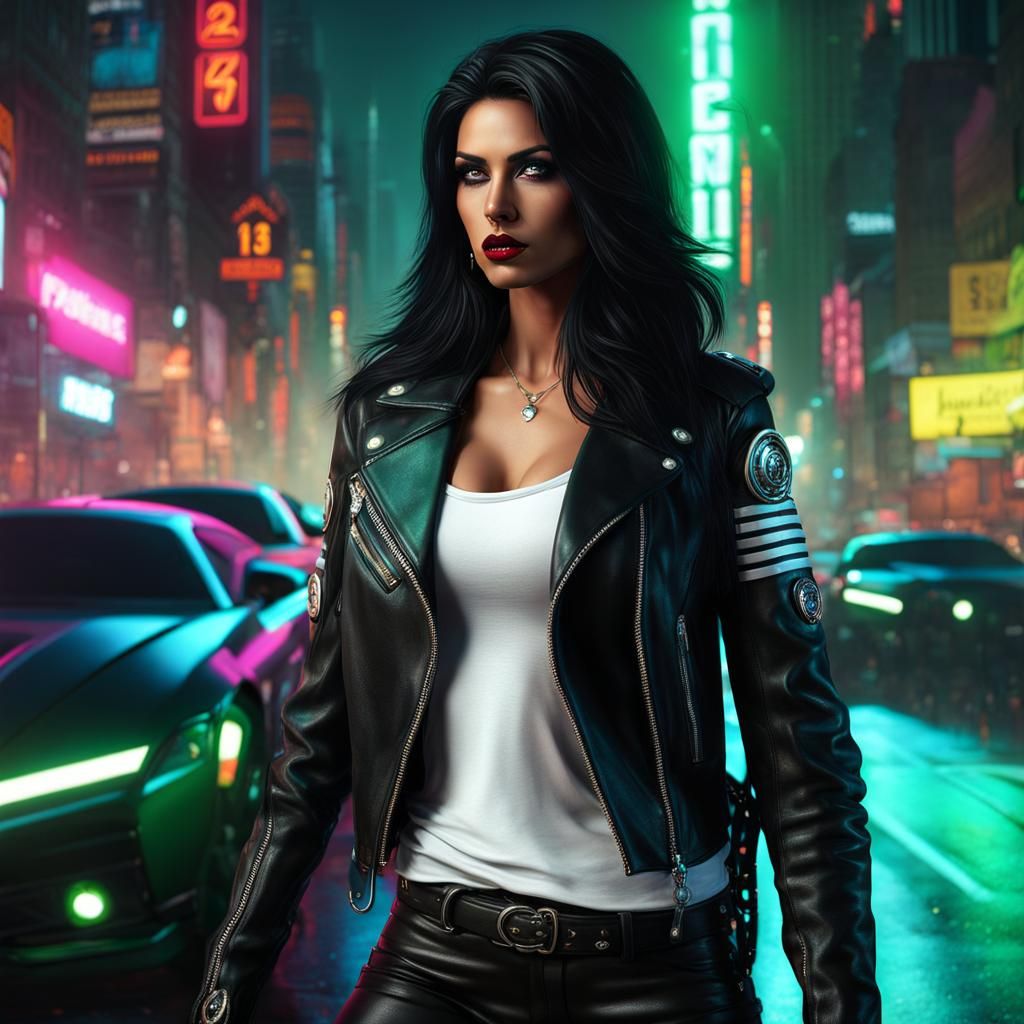 Sultry Punk Goddess in Neon City at Night
