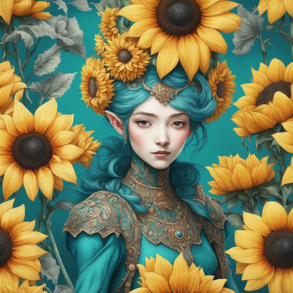 Whimsical Fairy Hybrids in a Vibrant Sunflower Garden