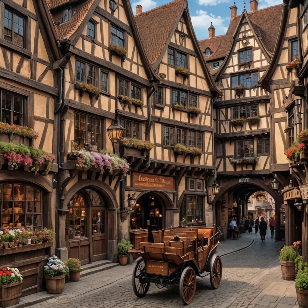 Magical Shopping Street in Steampunk Half-Timbered Houses