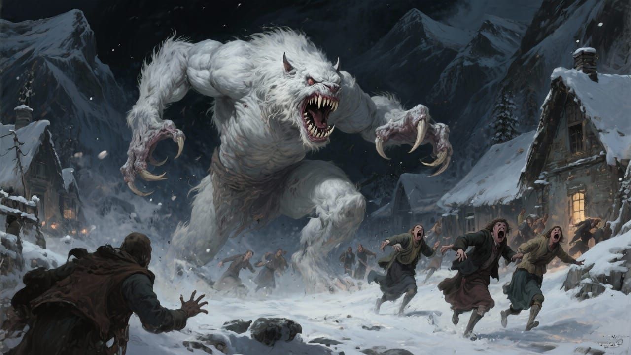 Grotesque Fur Creature Attacks Snowy Village at Night