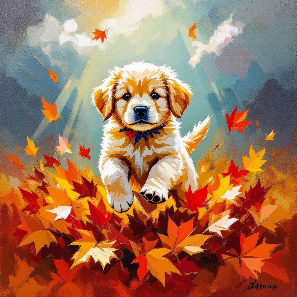Puppy Leaping in Sculpted Leaves