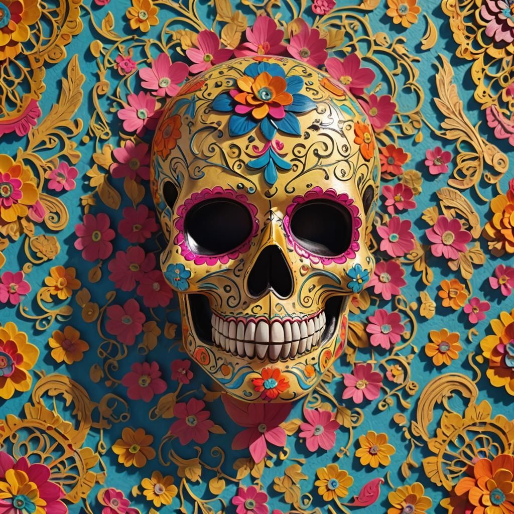Vibrant Mexican Folk Art Sugar Skull Mask in Warm, Golden Li...