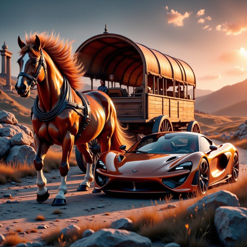Chestnut Stallion Pulls Wagon Beside Sports Car