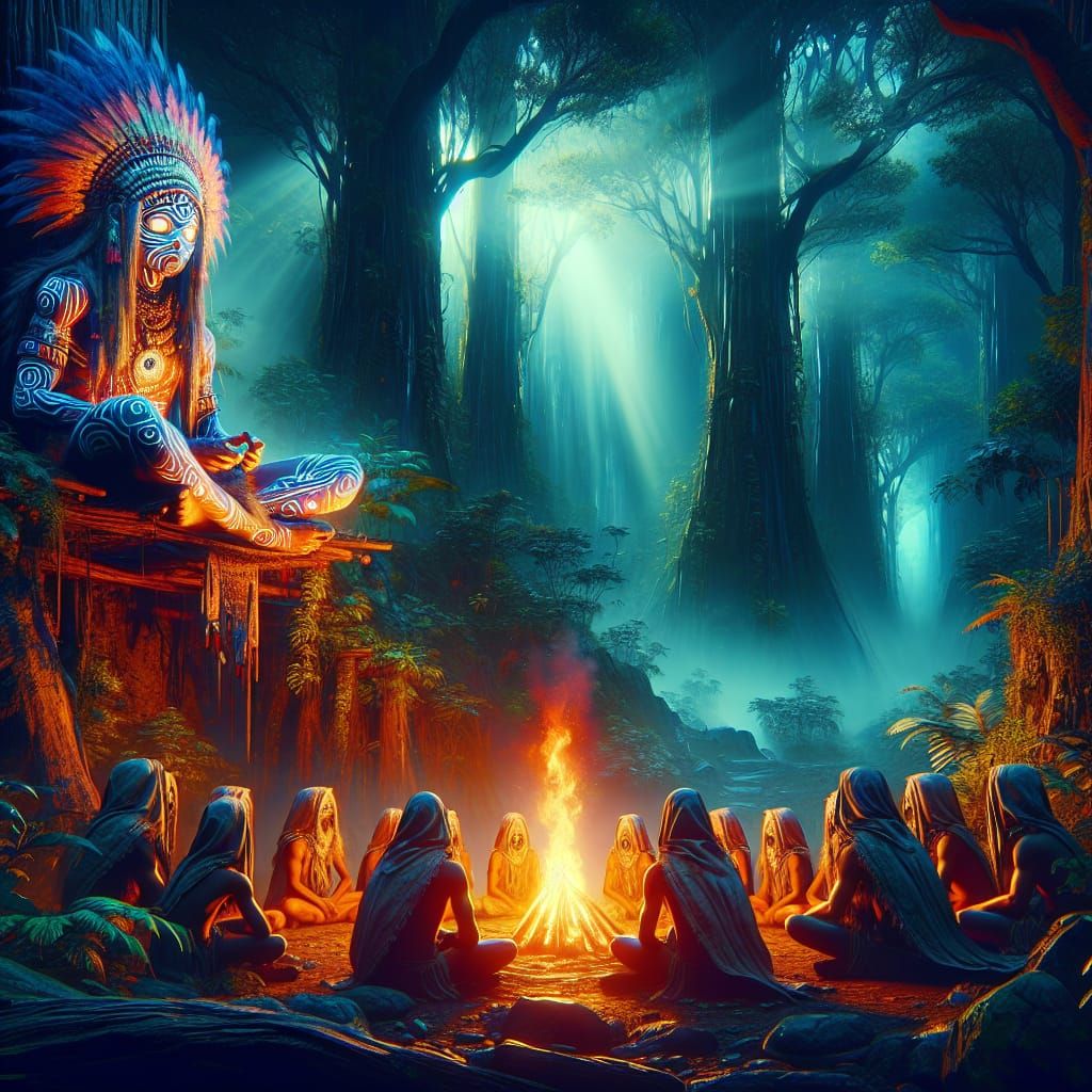Mystical Tribal Family Around Bonfire in Fantasy Art Style