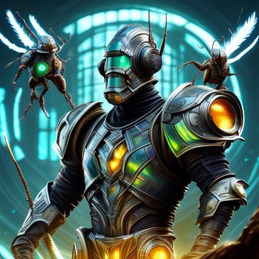 Insectoid Librarian in Bioluminescent Armor, Digital Paintin...