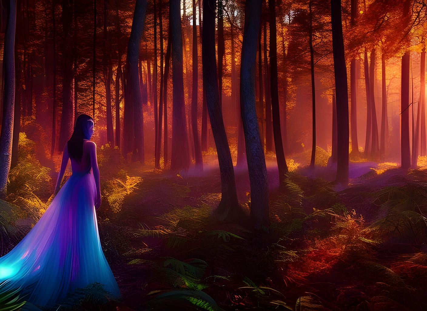 Ethereal Autumn Enchantress in Bioluminescent Tulle