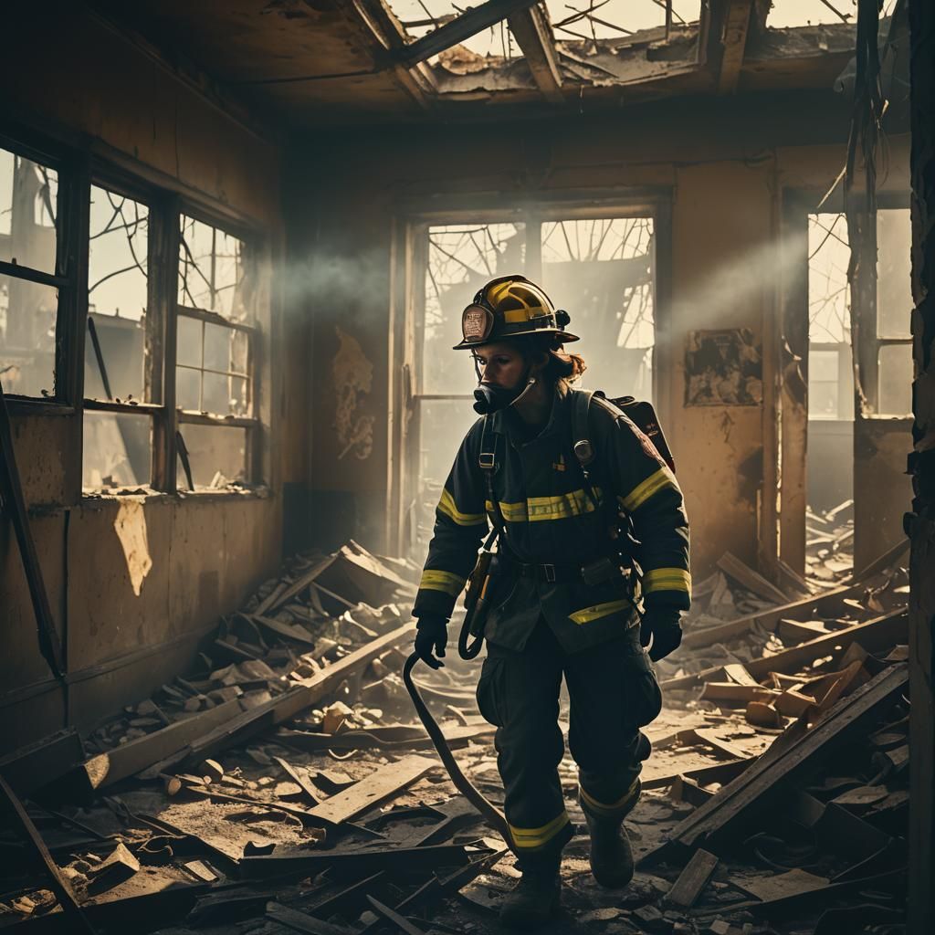 Female Firefighter searches through smoky abandoned building...