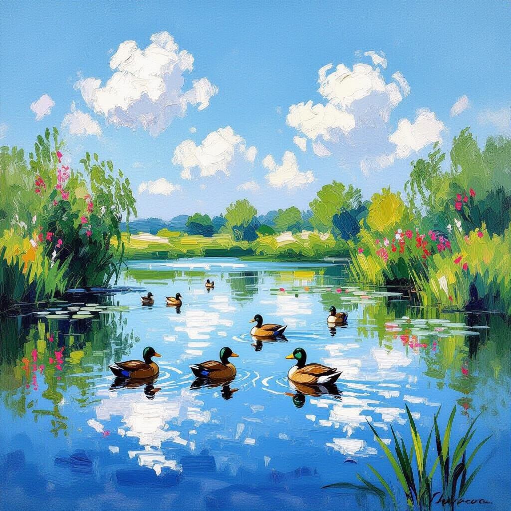 Impressionist Crystal Lake with Ducks and Flowers