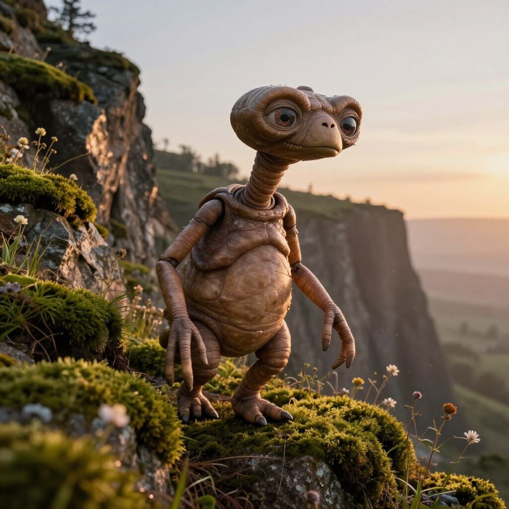 Hyperrealistic E.T. on Mossy Cliffside at Dusk