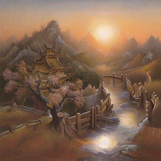 <lora:Romanticism:1.0> chinese palace in flower tree mountains with bridge heavenly sunrise