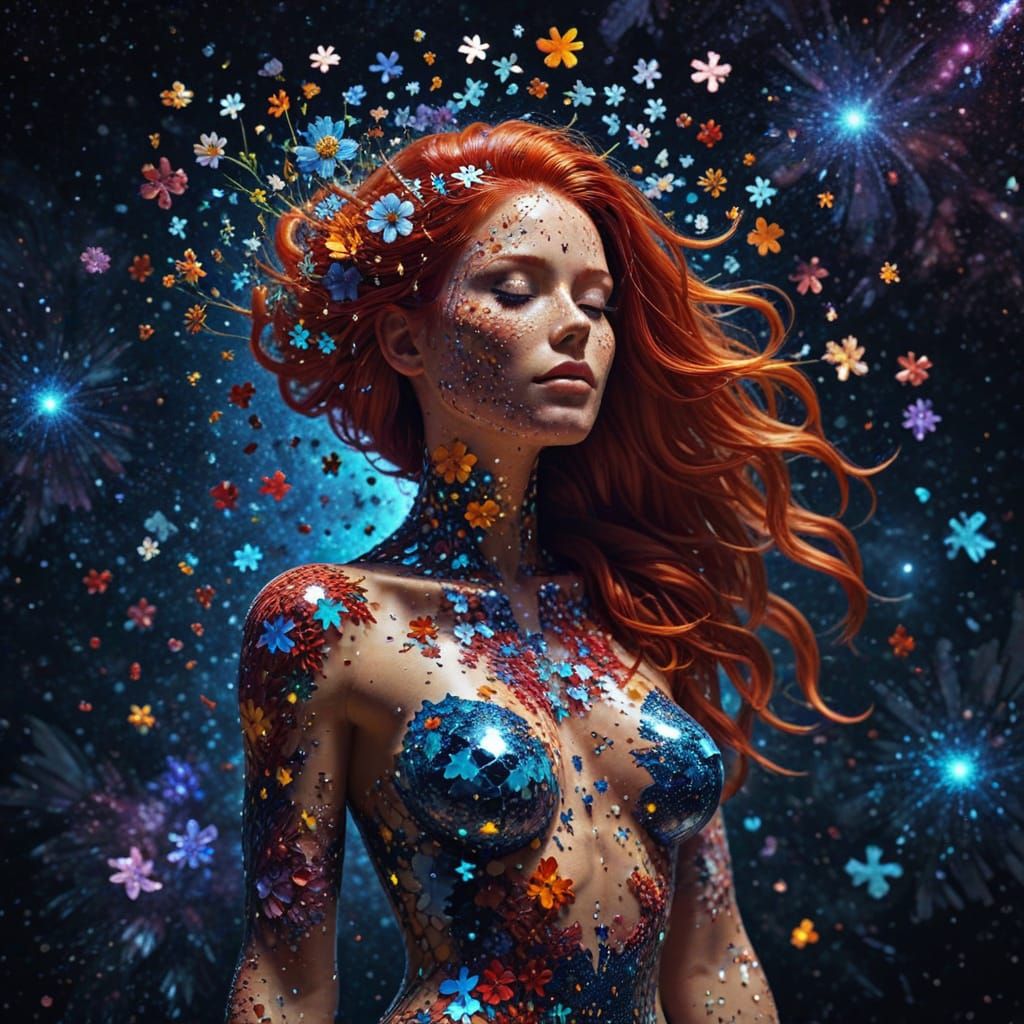 Cosmic Woman with Puzzle Piece Skin and Blooming Flowers