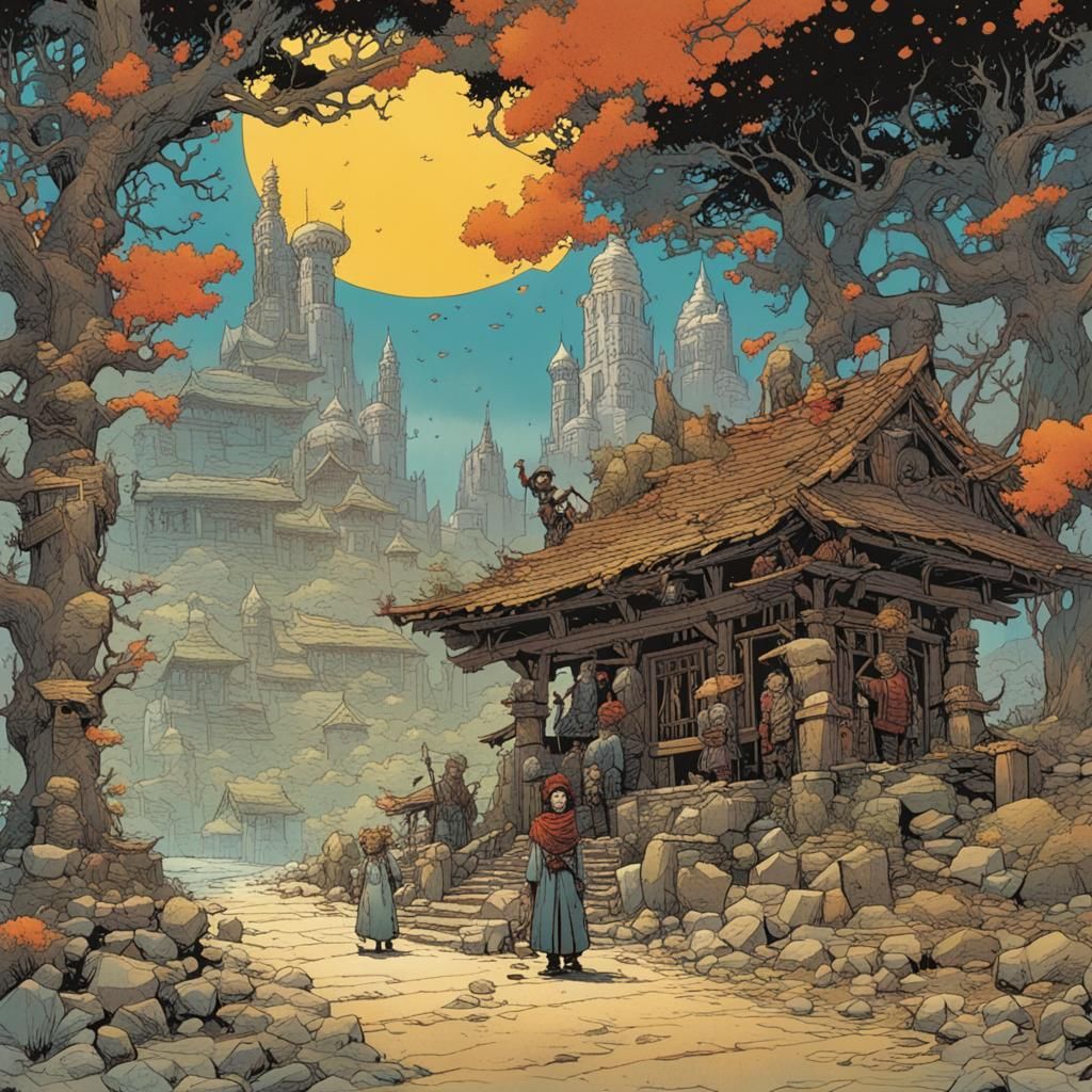 Fantasy Cityscape at Sunset with Vibrant Colors and Whimsica...