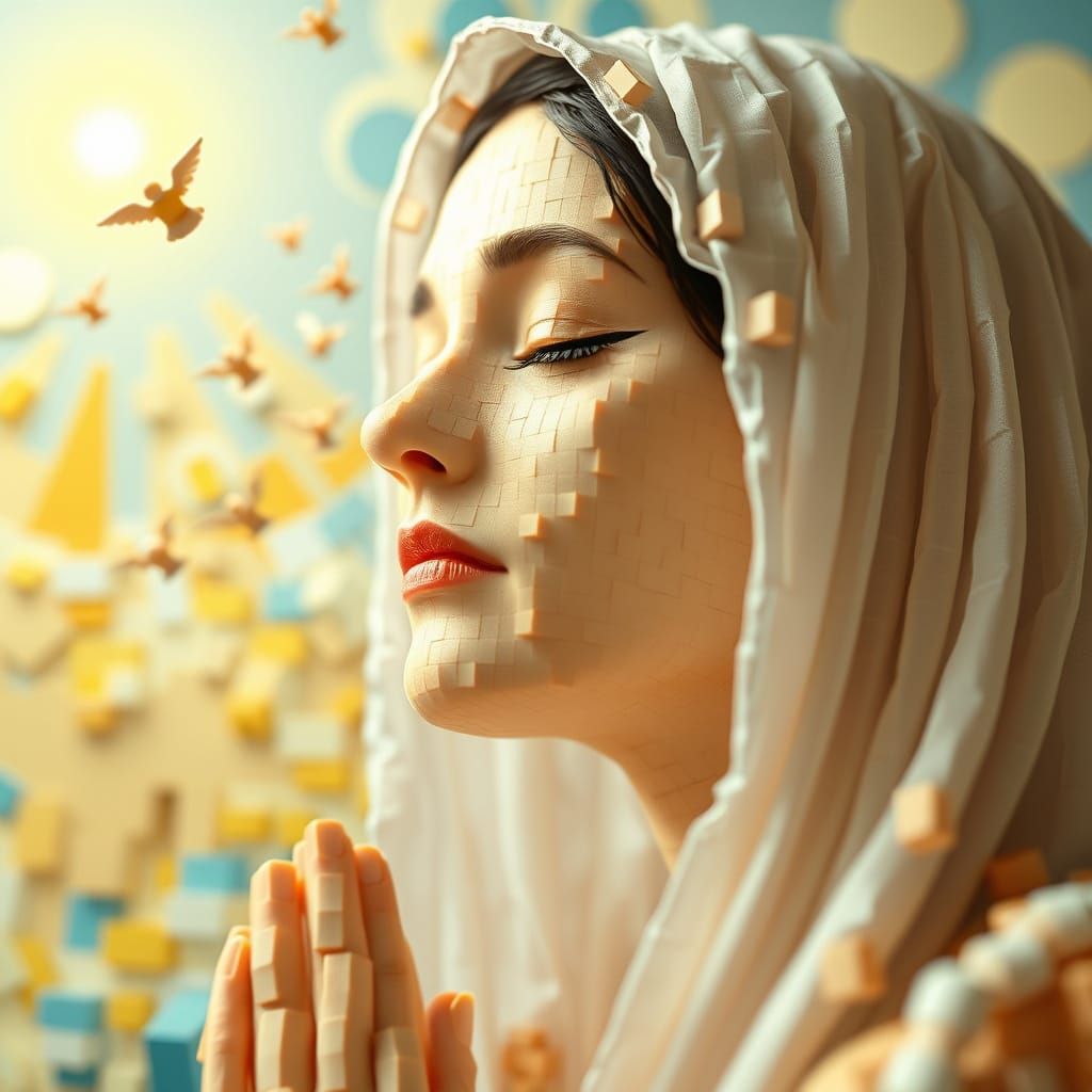 Praying Woman in a Vibrant Cubist Scene