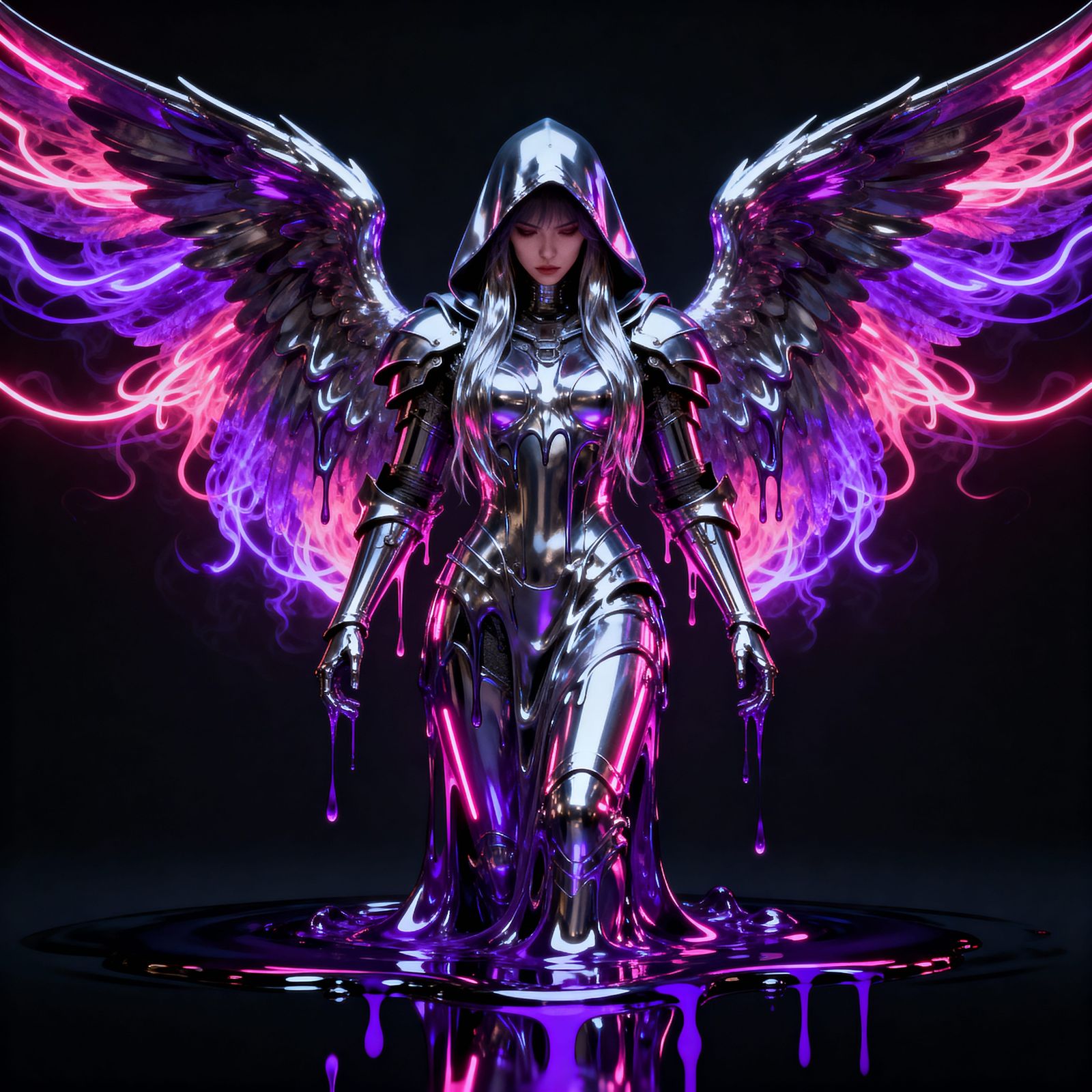 Futuristic Chrome Angel in Cyber-Goth Style