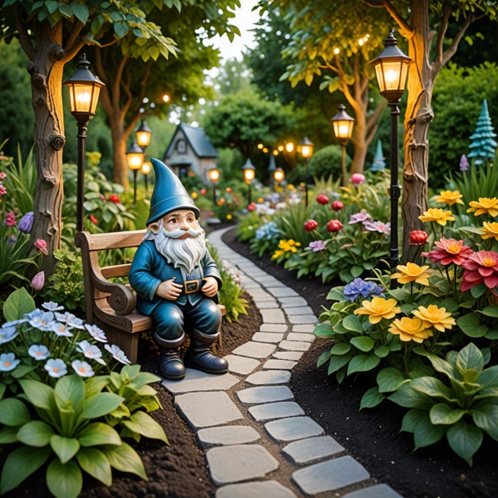 Whimsical Garden Path with Gnomes and Lanterns