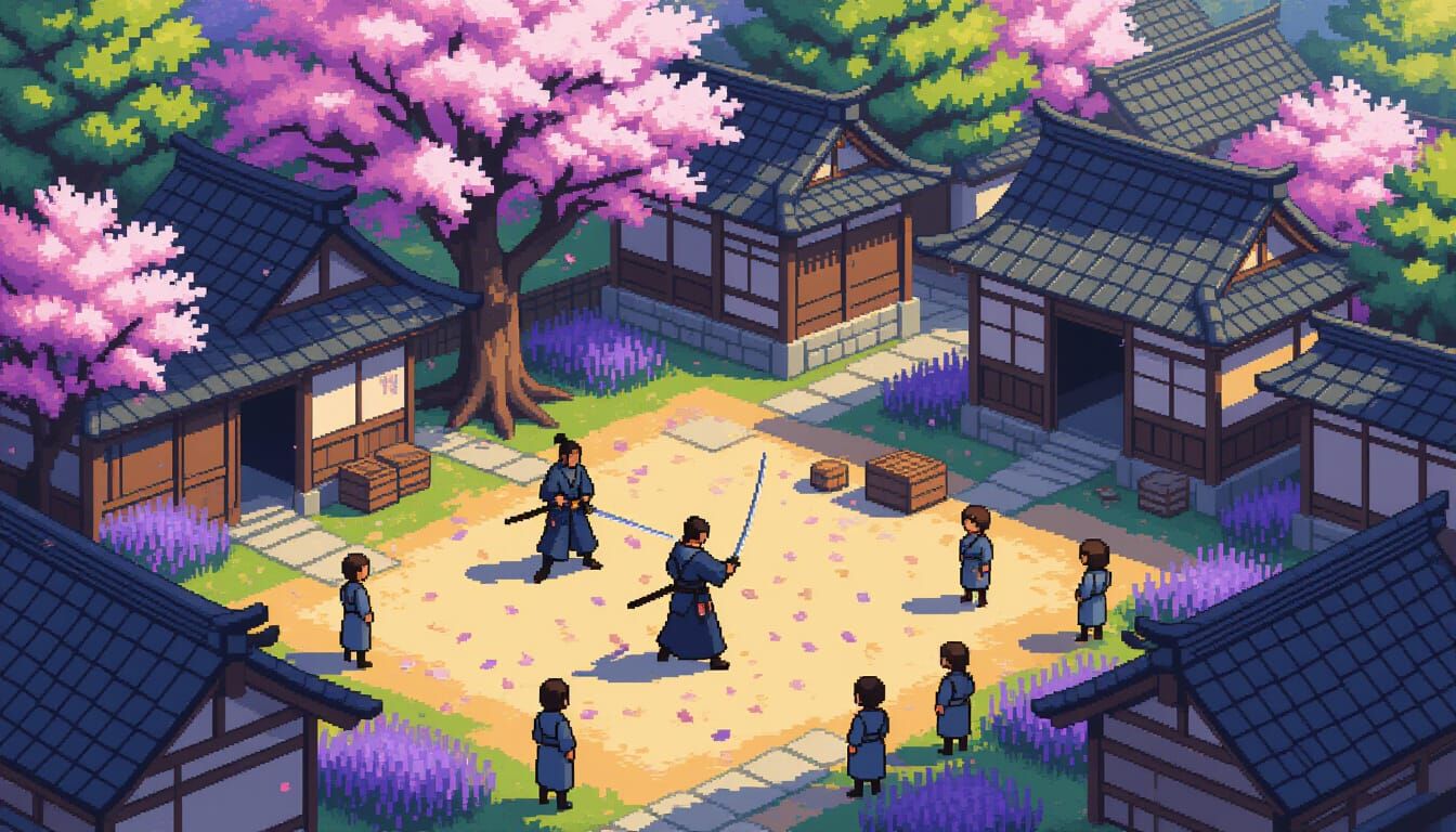 Isometric Pixel Art Japanese Village in Lavender Season