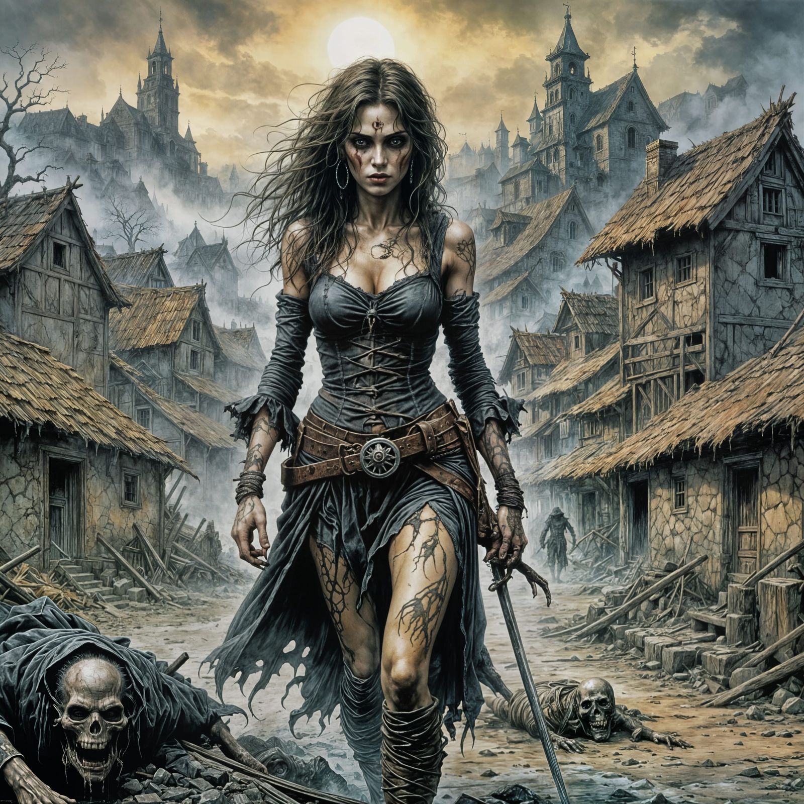Grotesque Female Zombie Crawls Through Desolate Village in D...