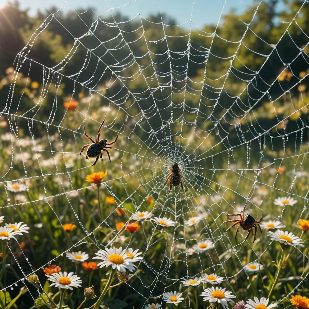 Vibrant Spiders Amidst a Whimsical Web Scene