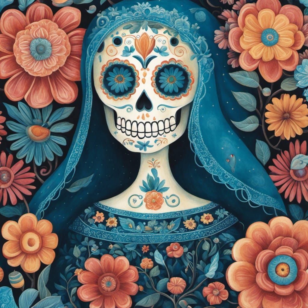 Vibrant Art Brut Día de los Muertos Sugar Skull with Flowers