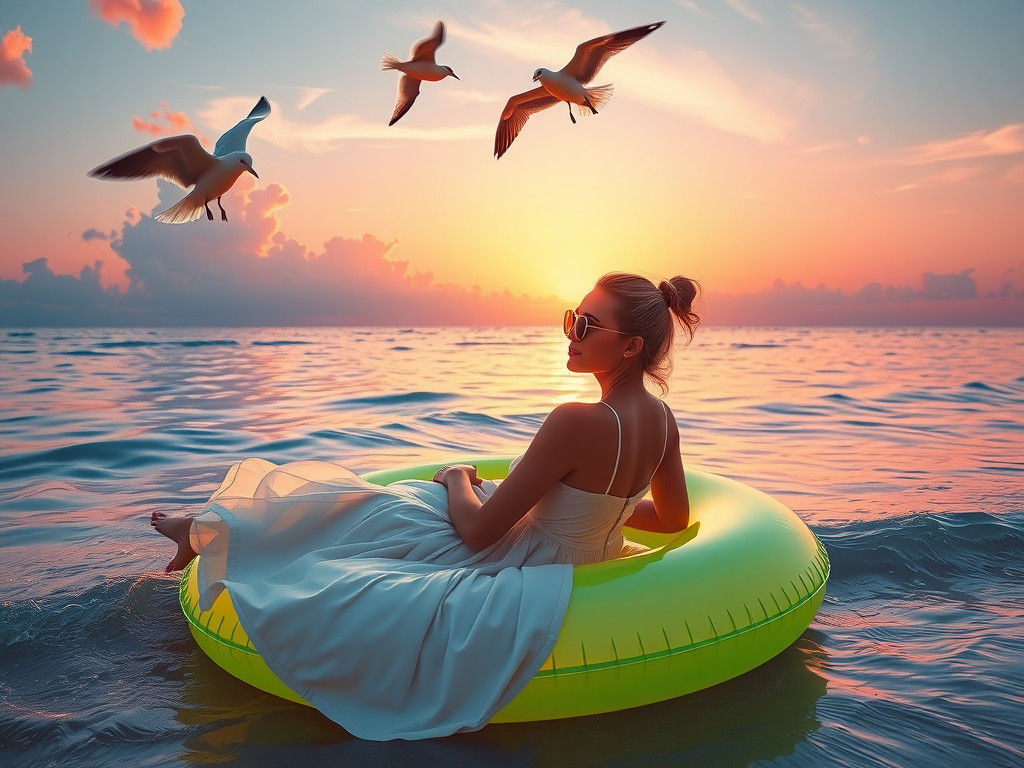Golden Hour Beach Scene with Woman on Raft
