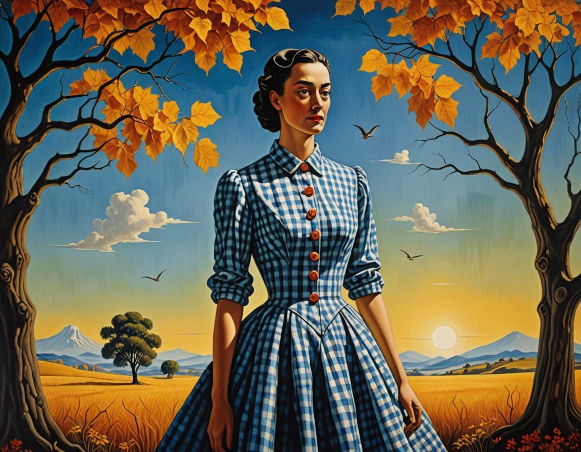 Woman's Gingham Dress Transforms into Whimsical Woodland Sce...