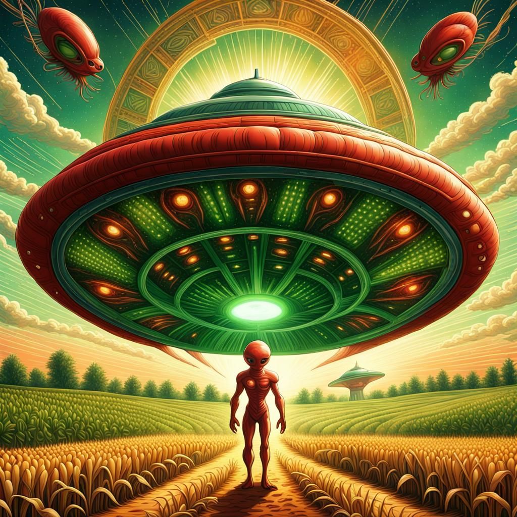 Red Alien Emerges from Flying Saucer in Corn Field