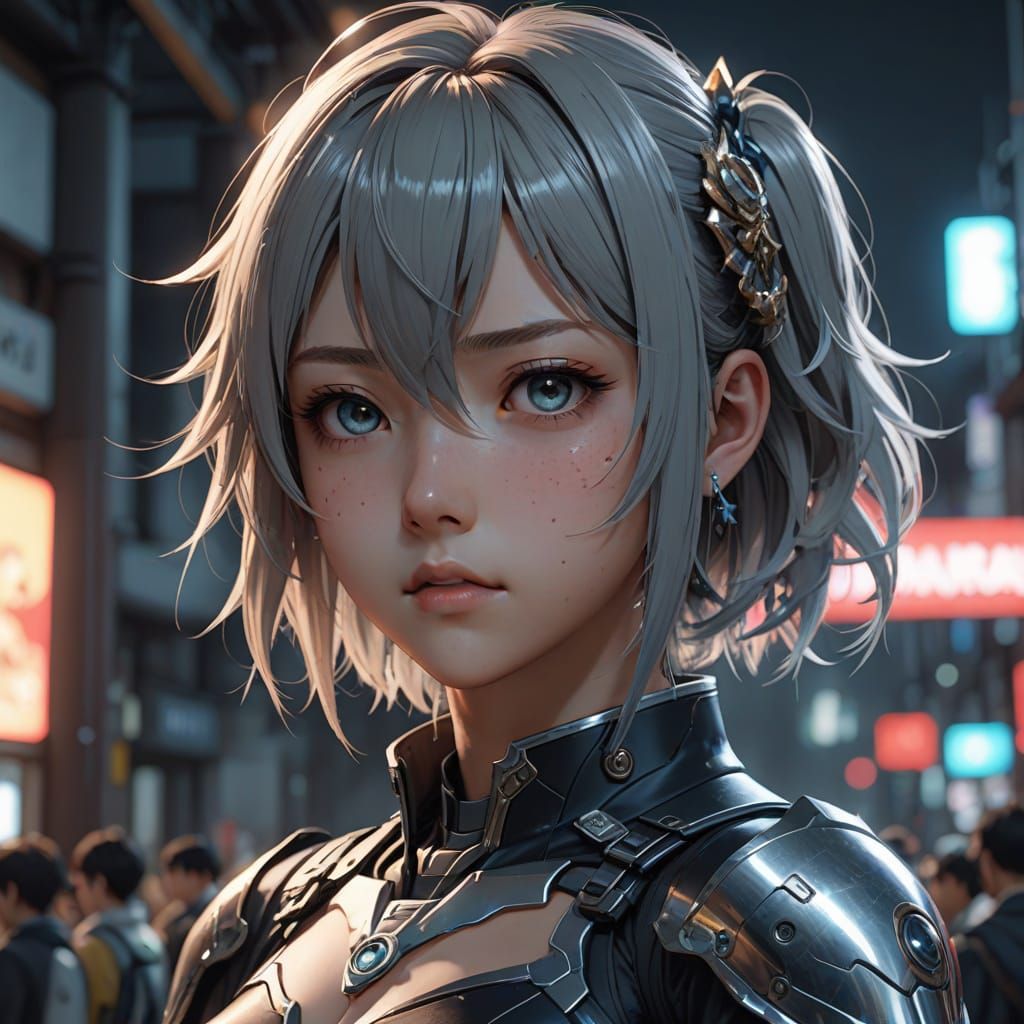 Anime Girl in Neo-Tokyo: 3D Rendered Concept Art