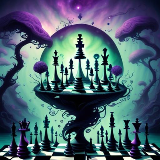 Surreal Floating Island of Chess Pieces in Nebula