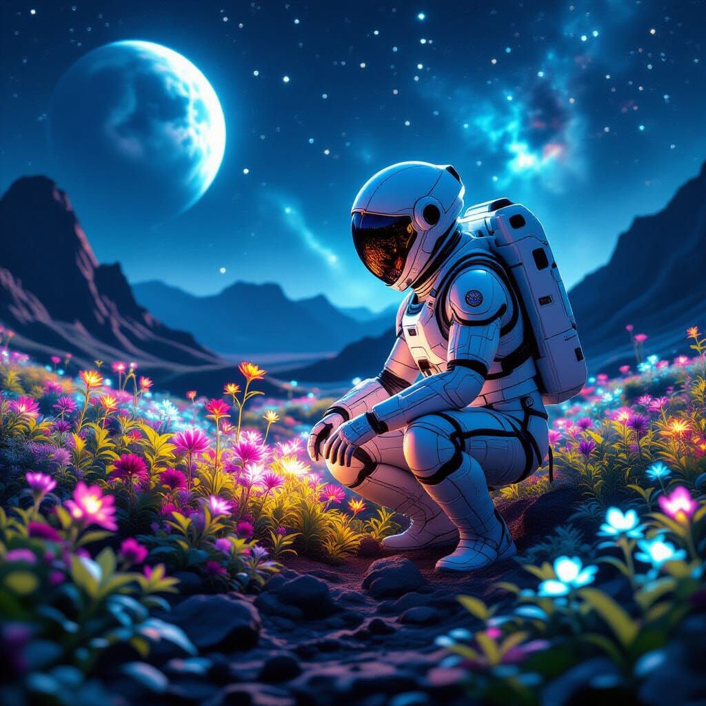 Astronaut Tends Alien Garden Under Nebulae Sky