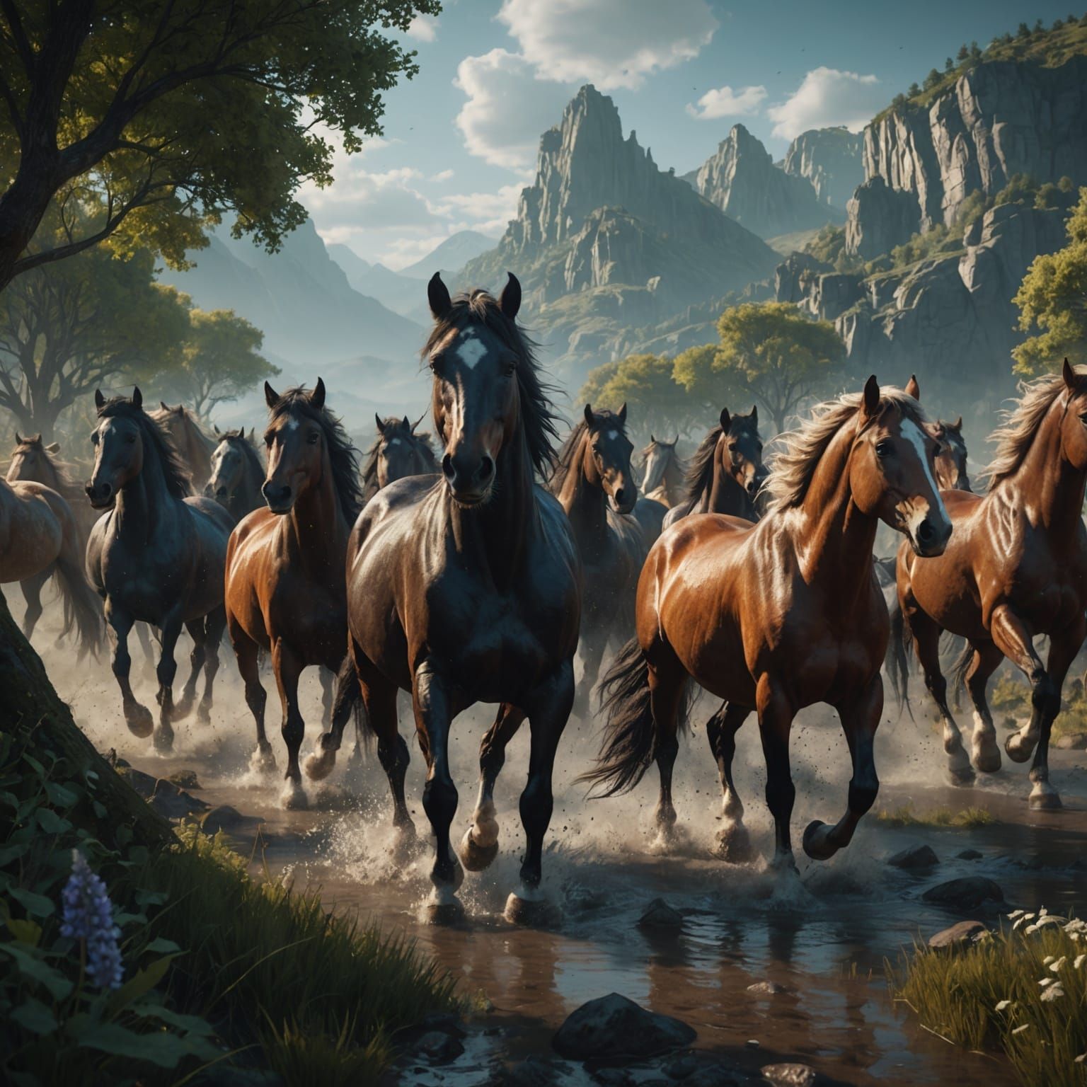 Majestic Herd in Vibrant Fantasy Landscape