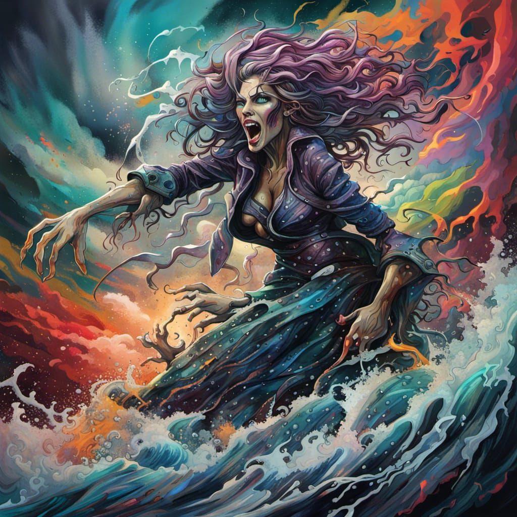 Sea Witch Emerges: Graffiti Art Ocean Storm