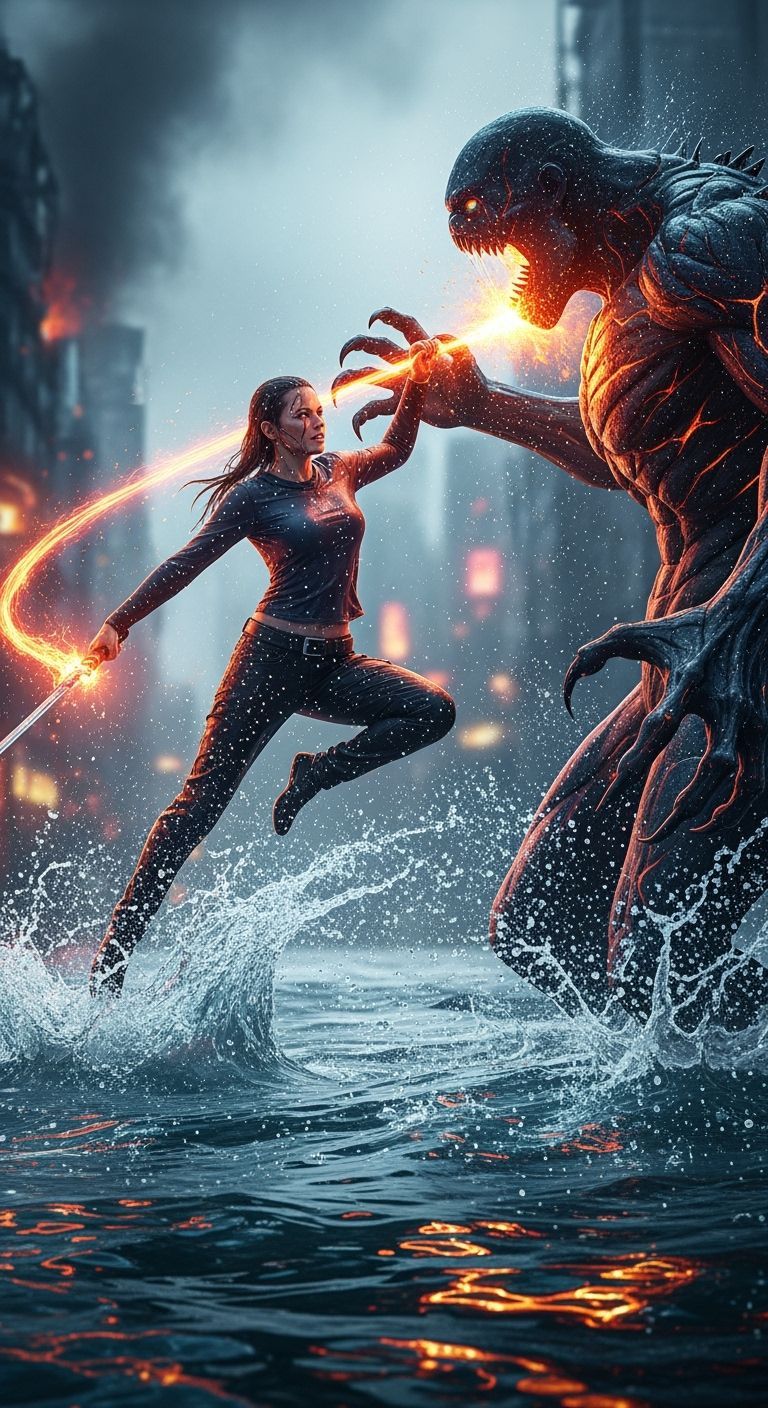 Warrior Battles Monster in Explosive Water Fight