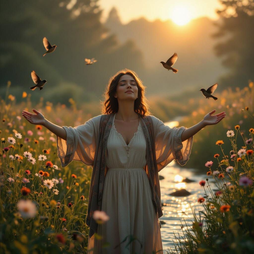 Serene Figure in Golden Light: A Dreamy Landscape