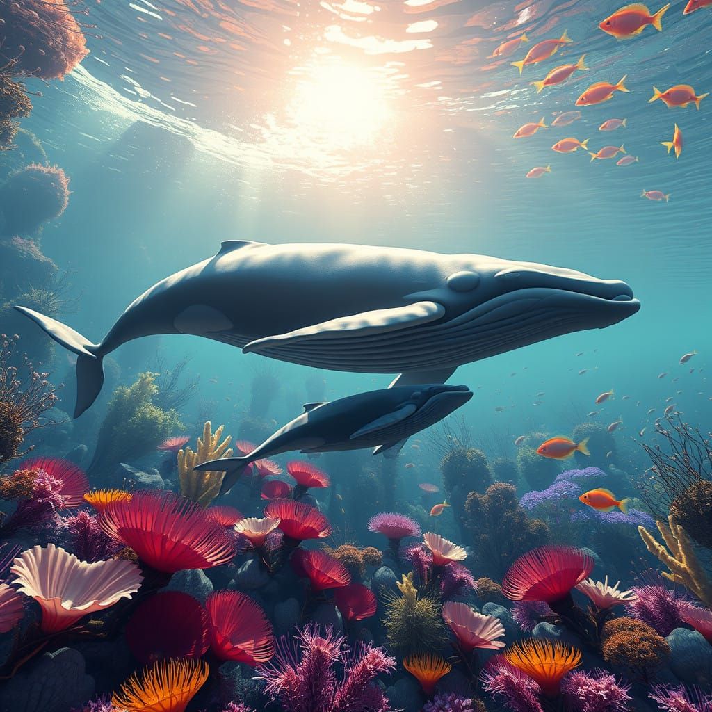 Whales in a Vibrant Underwater Realm