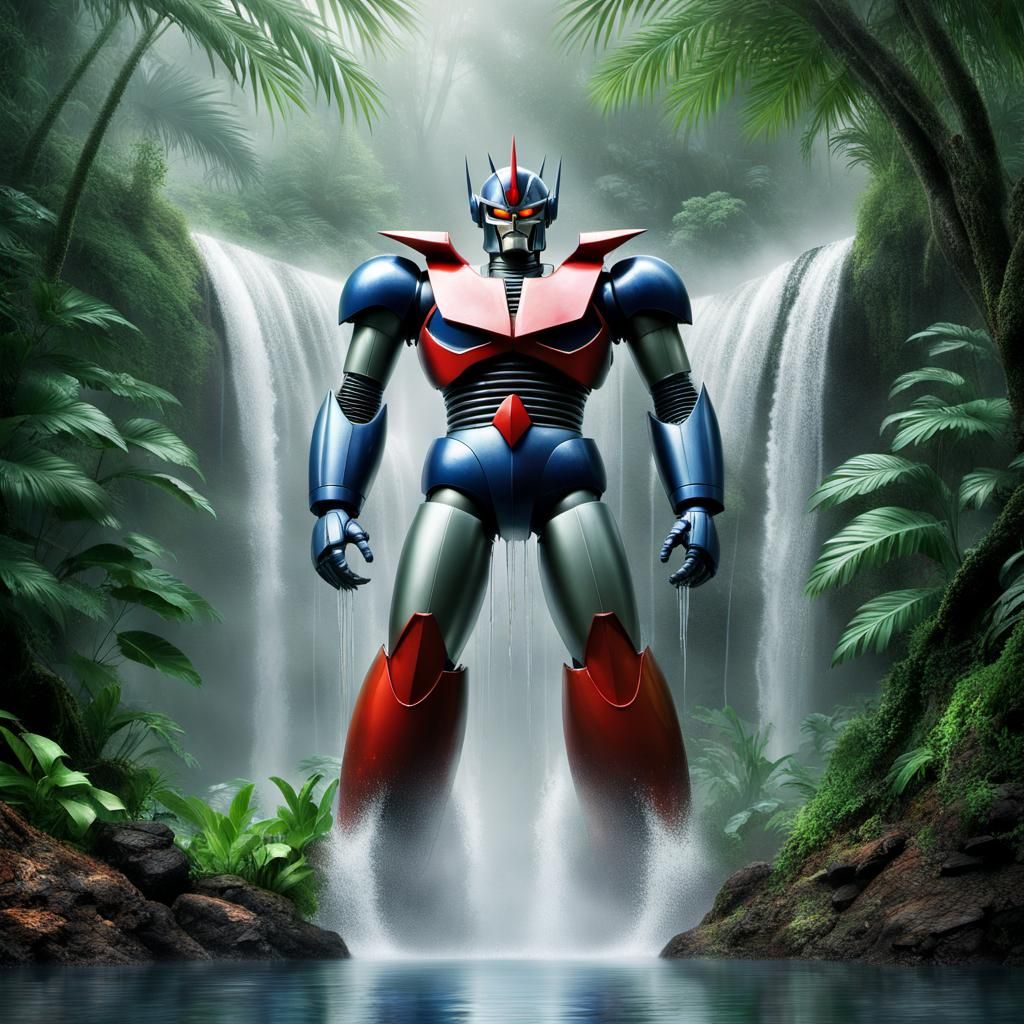 Hyperrealistic Mazinger X Emerge from Waterfall in Jungle