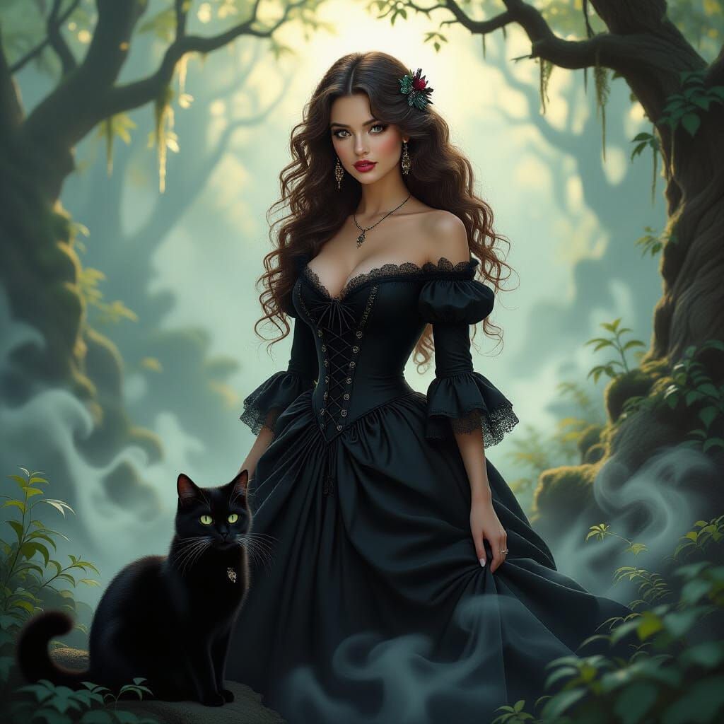 Ethereal Witch and Cat in Luminous Fantasy Forest