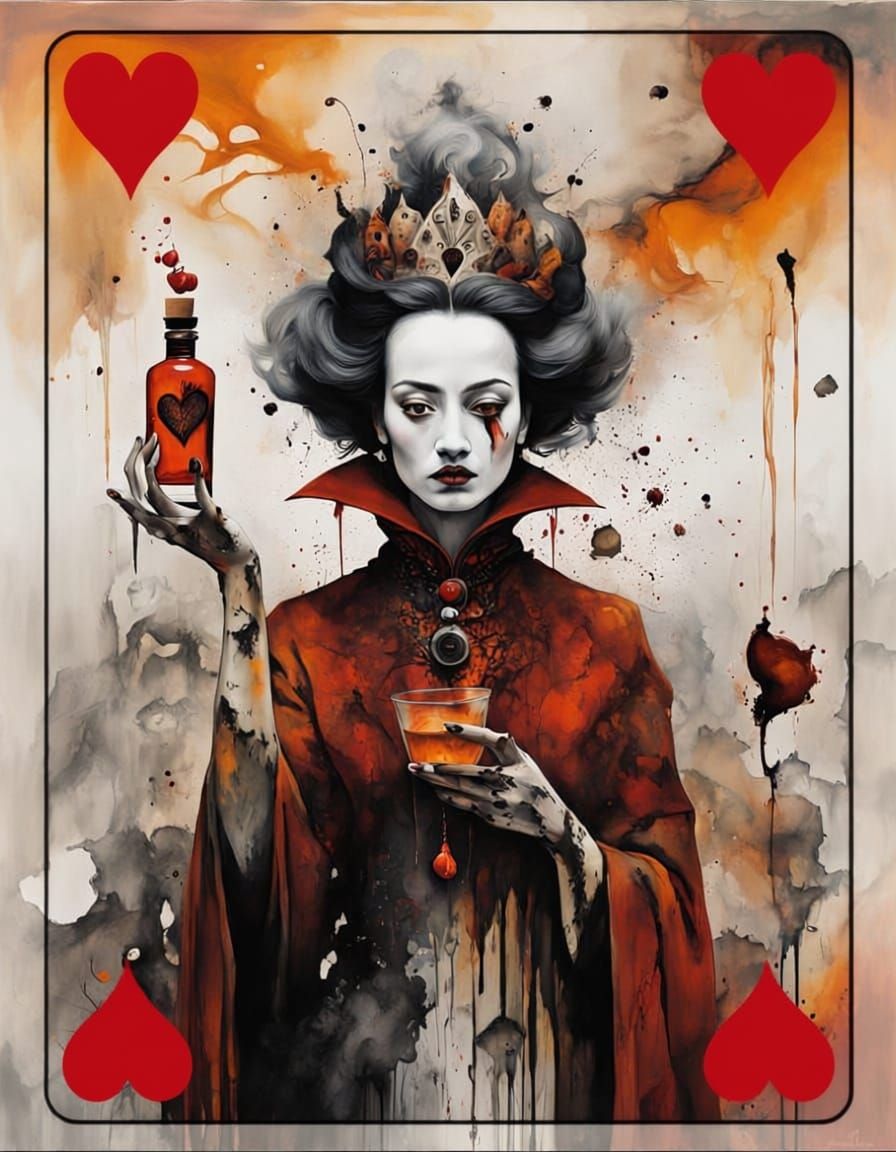 Witch Queen of Hearts Card in Ink Painting Style