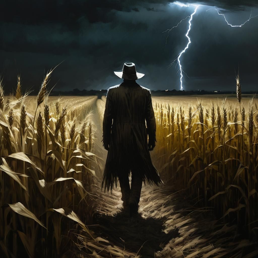 Grisly Scarecrow Surrounded by Lightning-Illuminated Cornfie...