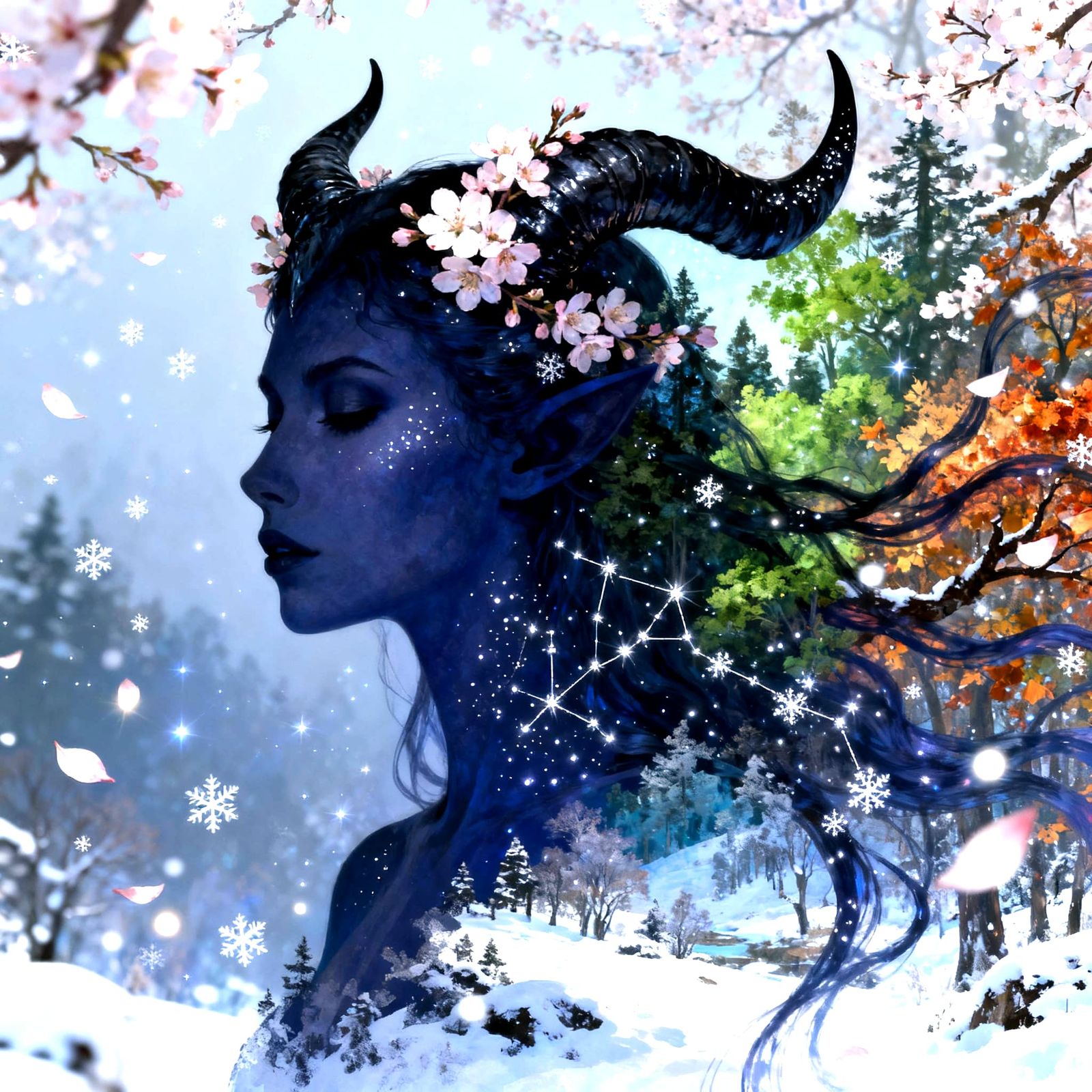 Surreal Double Exposure of Tiefling in Shifting Seasons