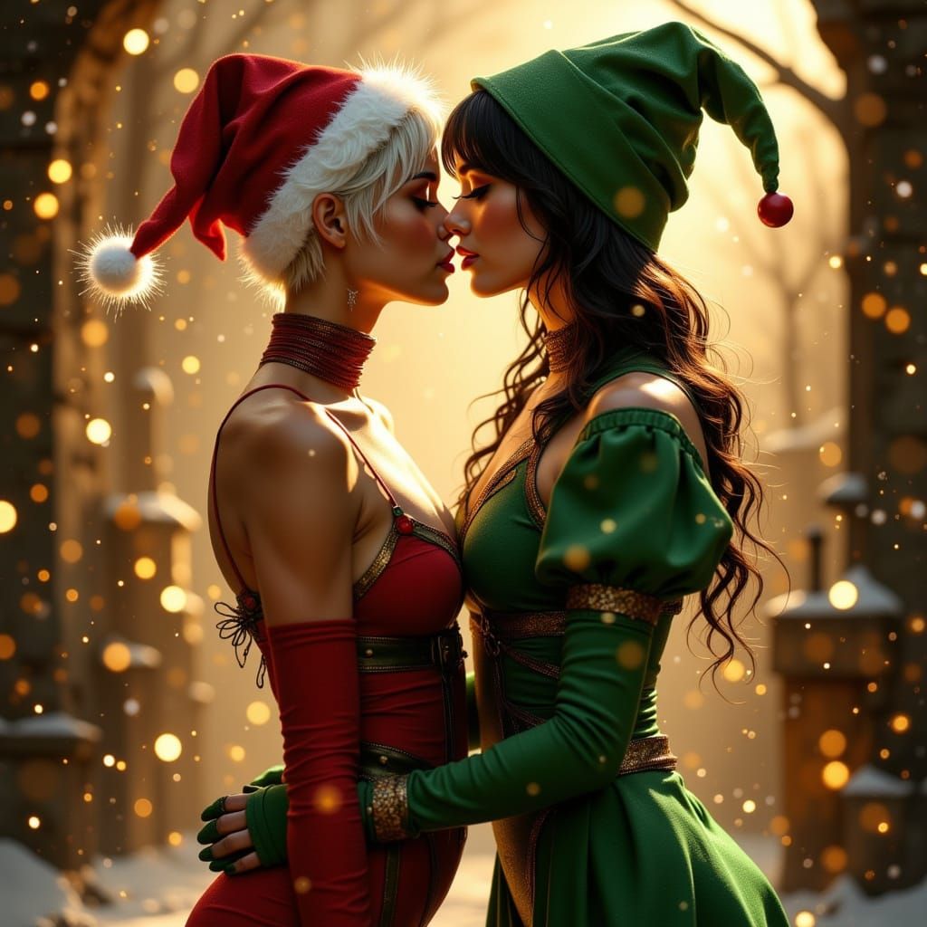 Two Women Kissing on Christmas Eve in Fantasy Glow