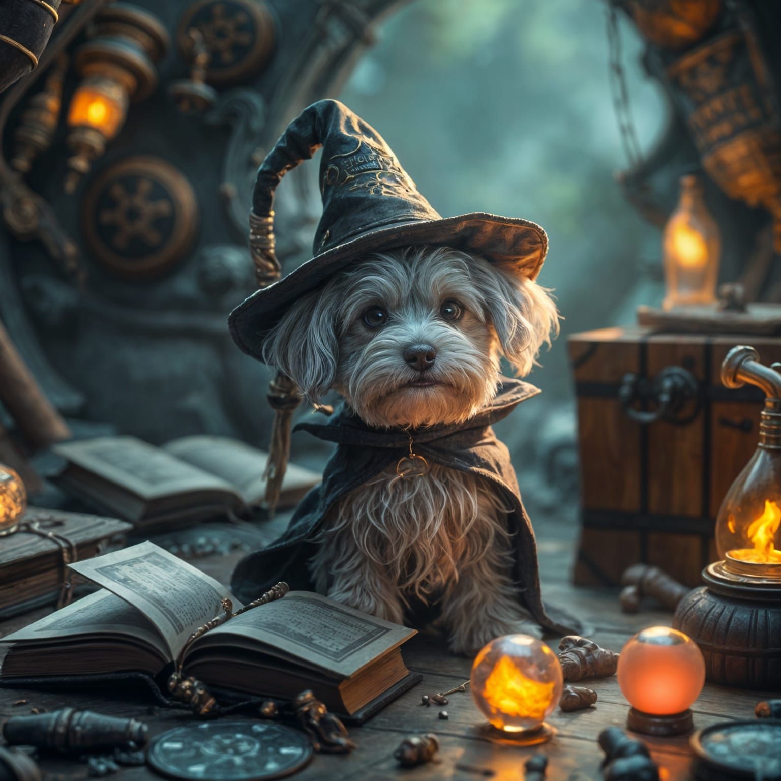 Whimsical Maltese Wizard in a Fantastical Realm