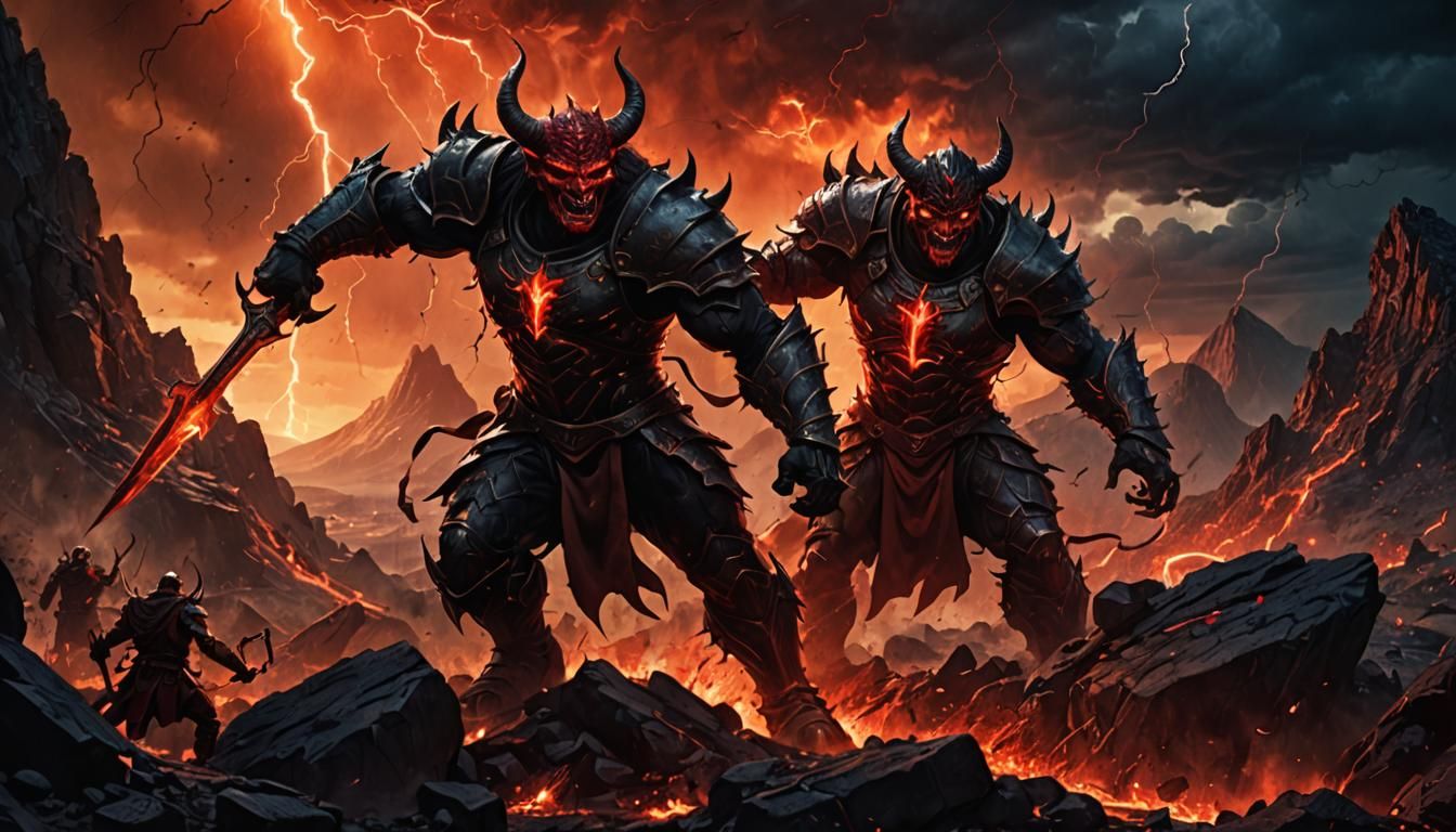 Epic Clash: Devil Battles Warrior in Fiery Desert Landscape