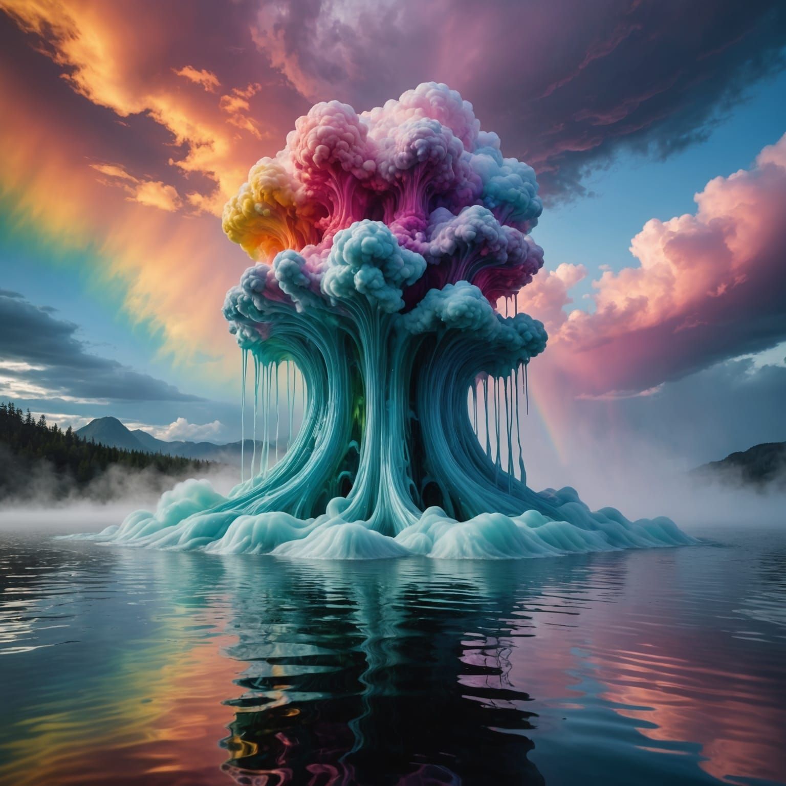 Surreal Waves of Colorful Fluid Rise in Ripples Against Swir...