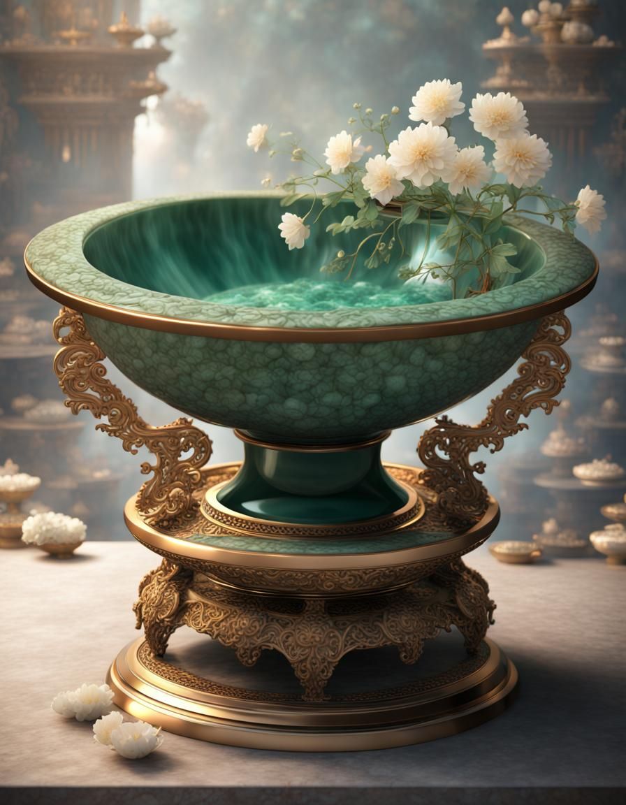 Epic Jade Bowl with Water and Flowers in Dramatic Digital Pa...