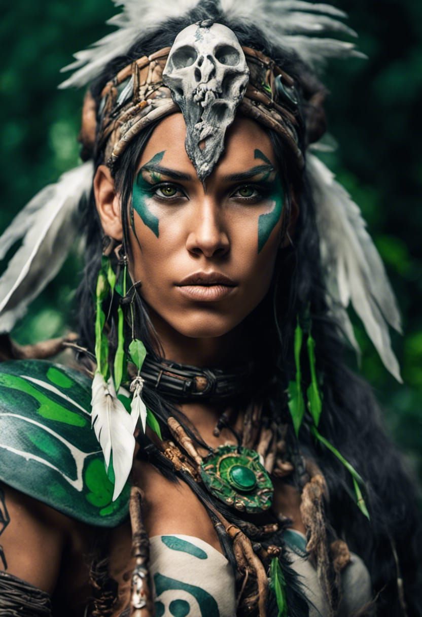 Native American Shamaness in Primal Forest Landscape