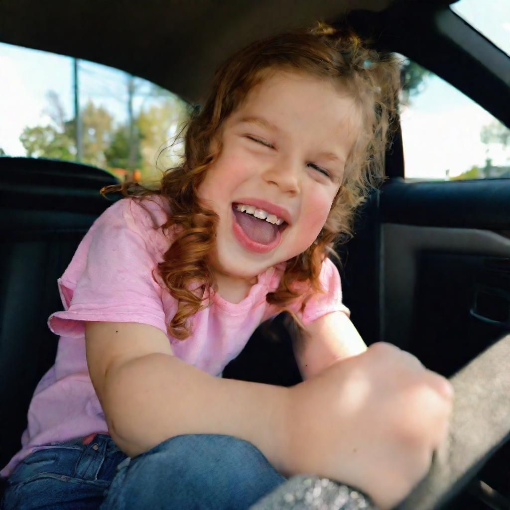 Trinity hops into the passenger seat, a mischievous grin playing on her lips.
