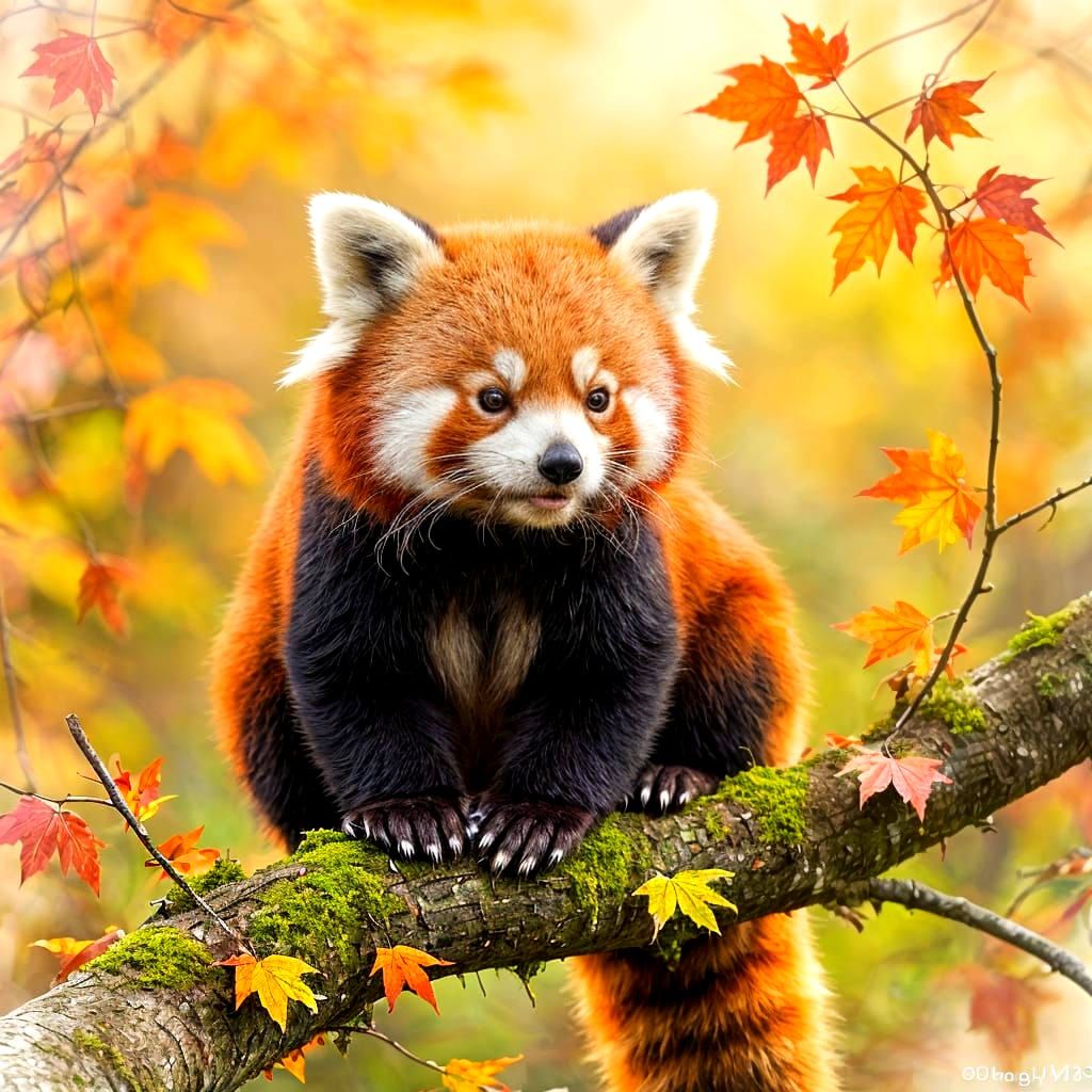 Photorealistic Red Panda on Mossy Branch in Autumn