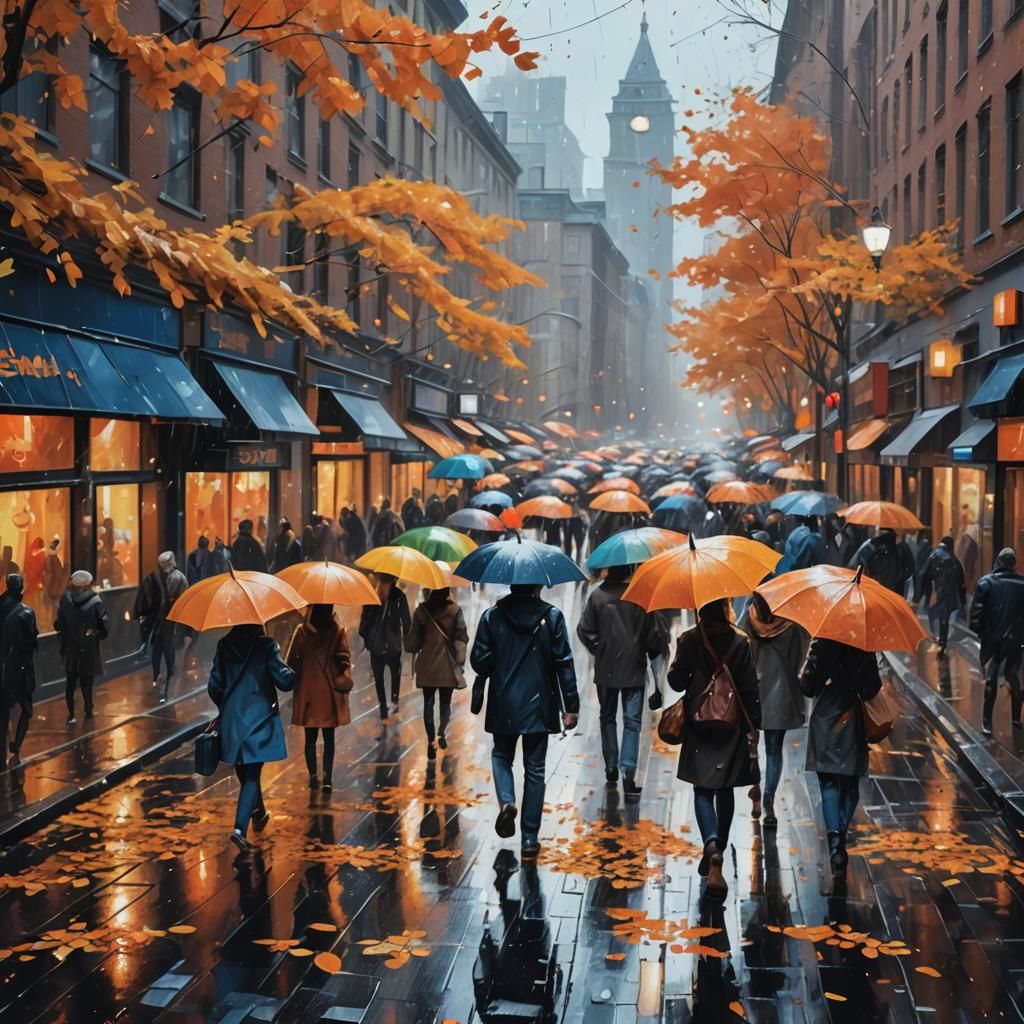 Hyperrealistic Autumn Cityscape in Vibrant, Splashy Brushstr...