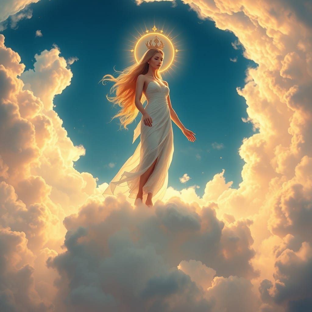 Ethereal Goddess Amidst Swirling Clouds in Golden Light